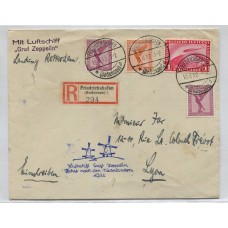 ALEMANIA 1932 ZEPPELIN SOBRE CIRCULADO POR CORREO CERTIFICADO CON TODAS LAS MARCAS DEL VUELO A HOLANDA PERO ESTA VA CON DESTINO FRANCIA QUE ES RARO, RECEPCION AL DORSO HERMOSA PIEZA DE LUJO Y ALTO VALOR